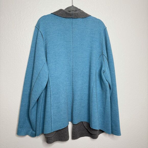 EILEEN FISHER TEAL w/GRAY FELTED MERINO WOOL OPEN WRAP SHAWL COLLAR JACKET Sz 2X - Picture 6 of 6